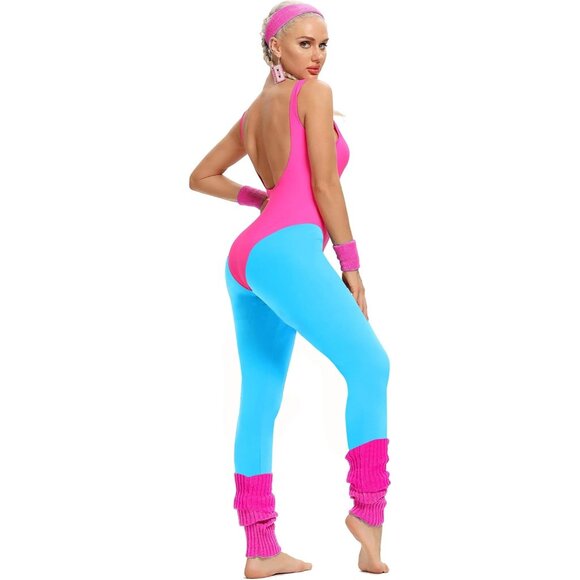 Womens 80s Workout Costume Set Neon Leggings Headband Wristbands Fit All - Picture 3 of 5